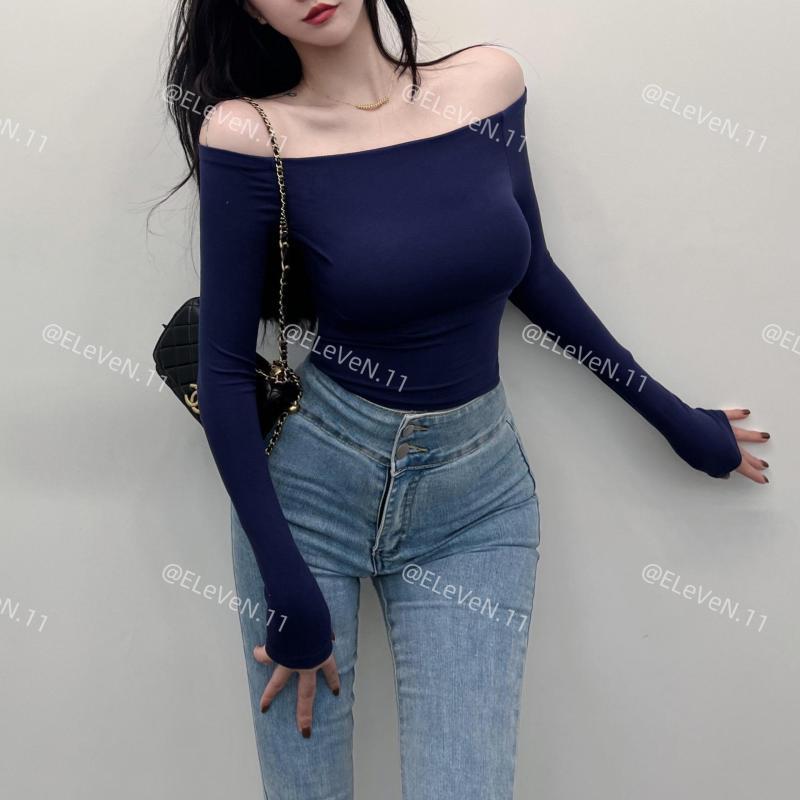 Tシャツ レディース 韓国風 きれいめ セクシー 斜めがけ 肩出し 長袖 トップス 春秋 スリム ストレッチ 無地 黒 白 杏色 ピンク ブルー パープル