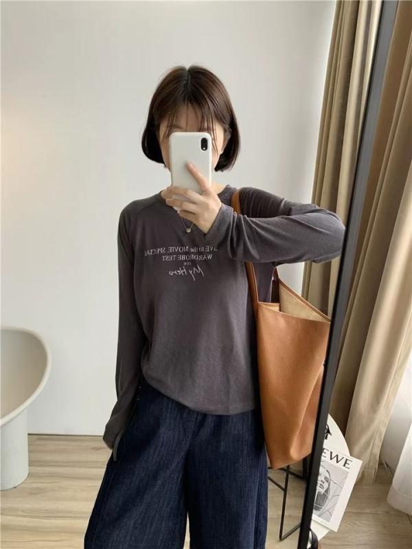 Tシャツ レディース 韓国風 薄手 天竺 長袖 トップス ゆったり ラウンドネック 刺・墸 ロゴ プリント カットソー 普段着 リラックスウェア 春夏 ホワイト グレー