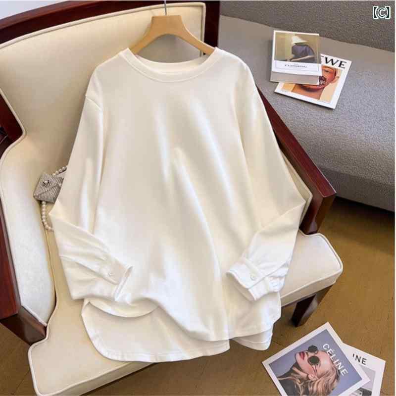 Tシャツ レディース 秋冬 裏起毛 コットン 長袖 チュニック丈 プルオーバー 無地 トップス カジュアル 通勤 ホワイト ブラック