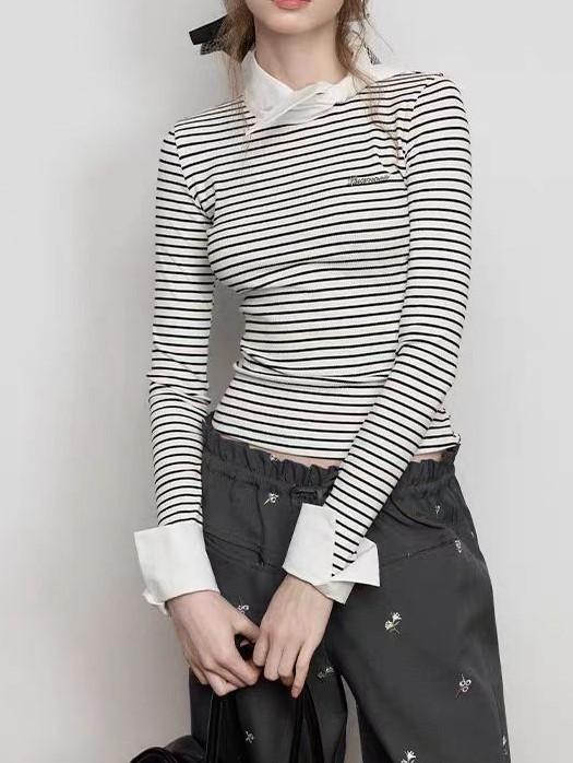 Tシャツ レディース 長袖 春 トップス ストライプ 切り替え デザイン カットソー プルオーバー ラウンドネック スリムフィット 綿 混紡 白 ホワイト グレー