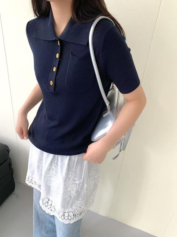 女性用 半袖 ポロカラー ニットシャツ 接触冷感 レイヨン素材 切り替えデザイン ボタン付き 修身シルエット 通勤用 普段使い 気質スタイル 夏向け 薄手 セットアップ 純色 ネイビー グレー トップス ブラウス フレンチスタイル