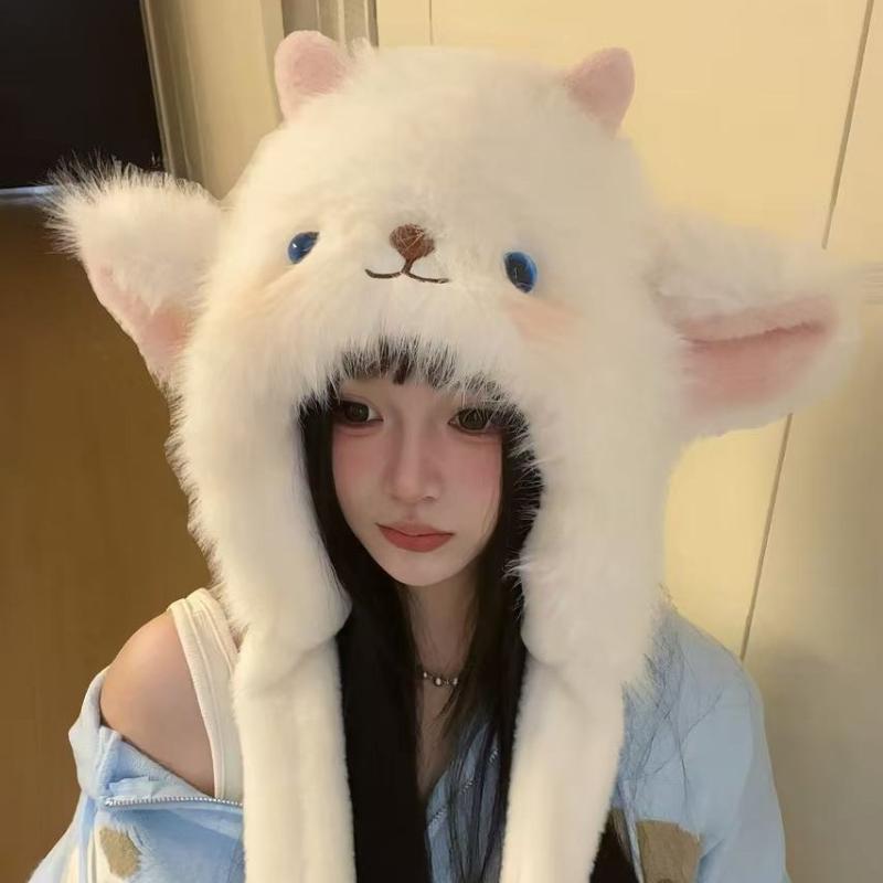 帽子 レディース かわいい 小羊耳付き 裏起毛 厚手 フリース 防寒 雷鋒帽 秋冬 ホワイト あったか 寒さ対策