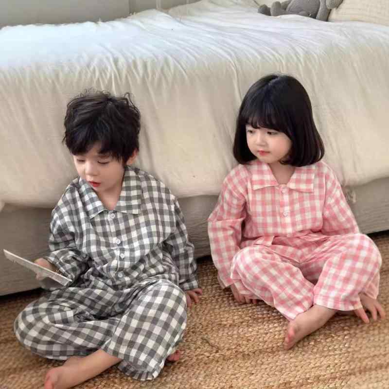 子供用パジャマ 格子柄 全綿 二重ガーゼ キッズ ベビー ルームウェア セットアップ 春秋 80 90 100cm 部屋着 寝間着 かわいい リラックスウェア