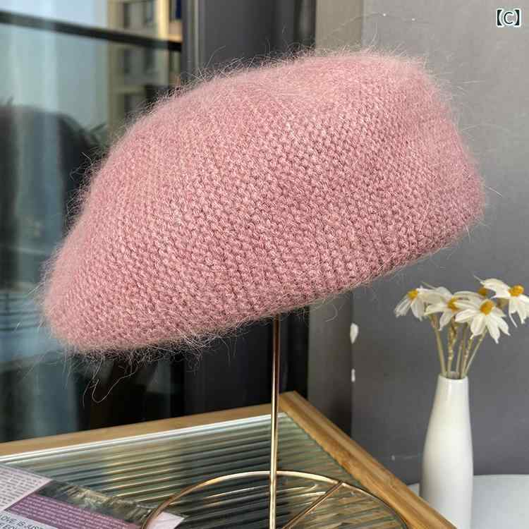 ベレー帽 レディース ニット帽 秋冬 防寒 暖かい ウール ふわふわ もこもこ かわいい おしゃれ 帽子 ミルクホワイト ブラック ピンク グレー ベージュ ブルー