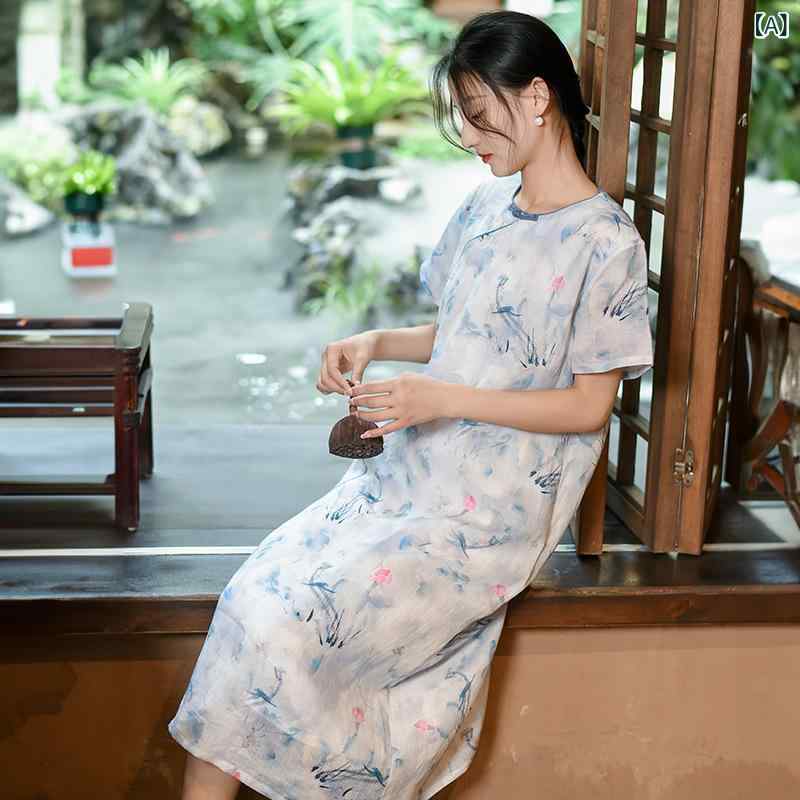 チャイナドレス レディース ワンピース 春夏 半袖 ?麻 Aライン ミモレ丈 花柄 ゆったり 中華風 レトロ 普段使い イベント ハロウィン コスプレ 発表会 演奏会 お呼ばれ