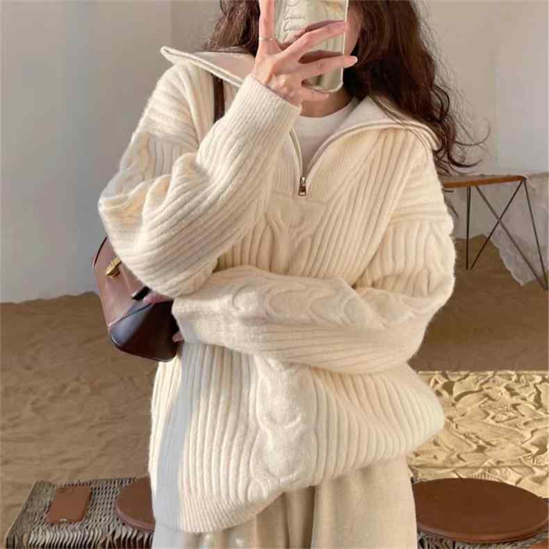 ニットセーター 女性用 秋冬 純色 半ジップ フラップカラ ケーブル編み 長袖 ゆったりシルエット 切り替えデザイン ポリエステル スパンデックス 混紡 気質 通勤スタイル セットインスリーブ ミドル丈 ピンク ホワイト レッド 伸縮性 吸湿速乾 柔らか