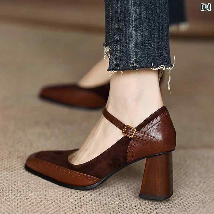 パンプス レディース 靴 マリージェーンシューズ スクエアトゥ ローヒール チャンキーヒール ストラップ レザー風 切り替え 春夏 黒 ブラック 茶色 ブラウン