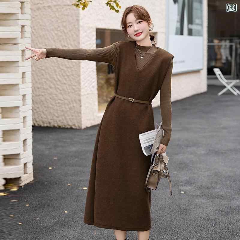 ニット 毛織 ベスト ワンピース レディース セットアップ 2点セット 無袖 ロングワンピース ポリエステル混紡 エレガント Khaki カーキ ブラウン
