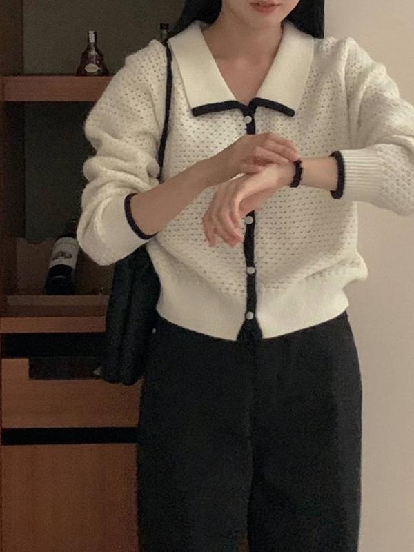 ニット カーディガン 女性用 春夏 デザイン性 翻領 長袖 ゆったりシルエット 切り替え レース オープンタイプ ミルクホワイト ブラック 羊毛混 日常使い 軽量 接触冷感 伸縮性 吸湿速乾 カジュアルスタイル