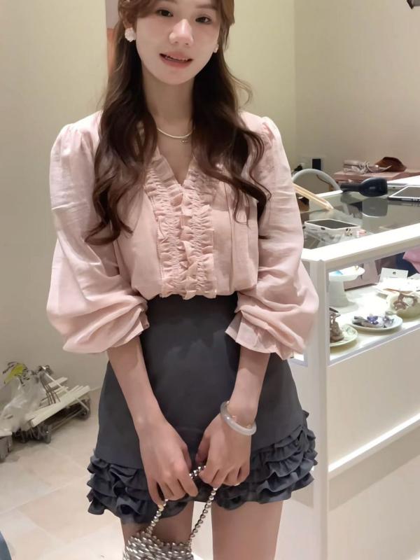 シャツ レディース 長袖 トップス フリル かわいい ピンク系 無地 ブラウス ミニスカート 上下 セットアップ 日韓 カジュアル 普段使い
