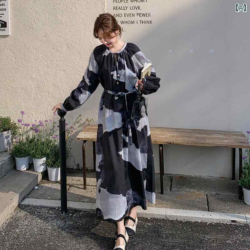 ワンピース 黒 軽熟風 Aライン ロングスカート タイダイ柄 ドレープ 挿し肩 長袖 ラウンドネック ドローストリング ポリエステル ギャザー フレア 膝下丈 フレンチ クラシック ソフト フェミニン 女性用 私服 名媛風 ゆったり腰回り セットアップ風|トミーショップ 店