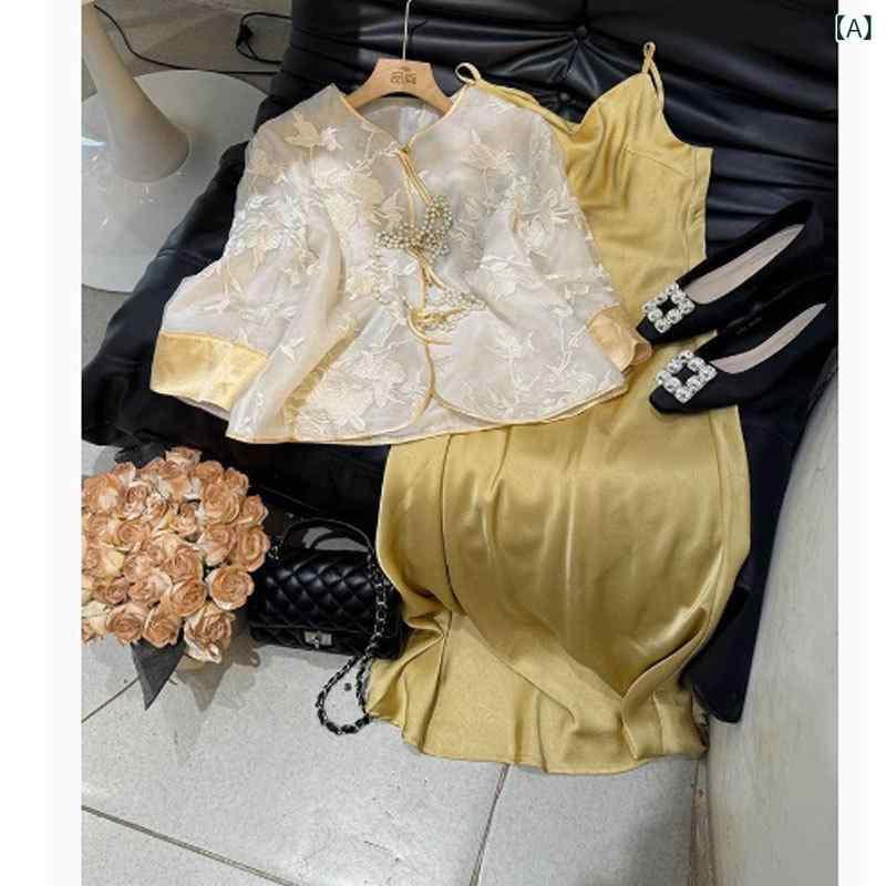 ワンピース レディース 春夏 チャイナドレス風 セットアップ 薄手 紫外線対策 2点セット ロングワンピース ポリエステル 中国風 レトロ かわいい L XL XXL S M