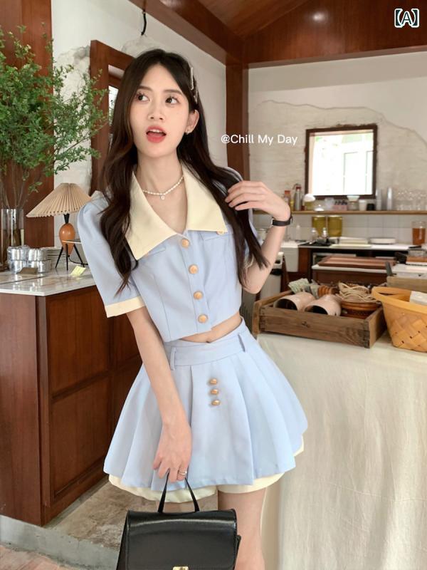 セットアップ レディース かわいい 学院風 ポロネック 半袖 トップス Aライン ミニスカート 上下 2点セット ブルー系 アスレチック レトロ 高見え