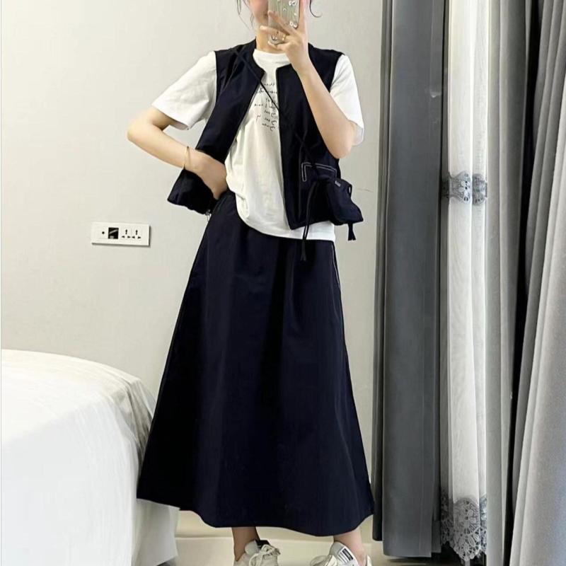 セットアップ レディース 韓国風 夏物 ファッション トレンド ノースリーブ Tシャツ Aラインスカート 4点セット 紺色 グレー 無地 ミニスカート カジュアルスタイル
