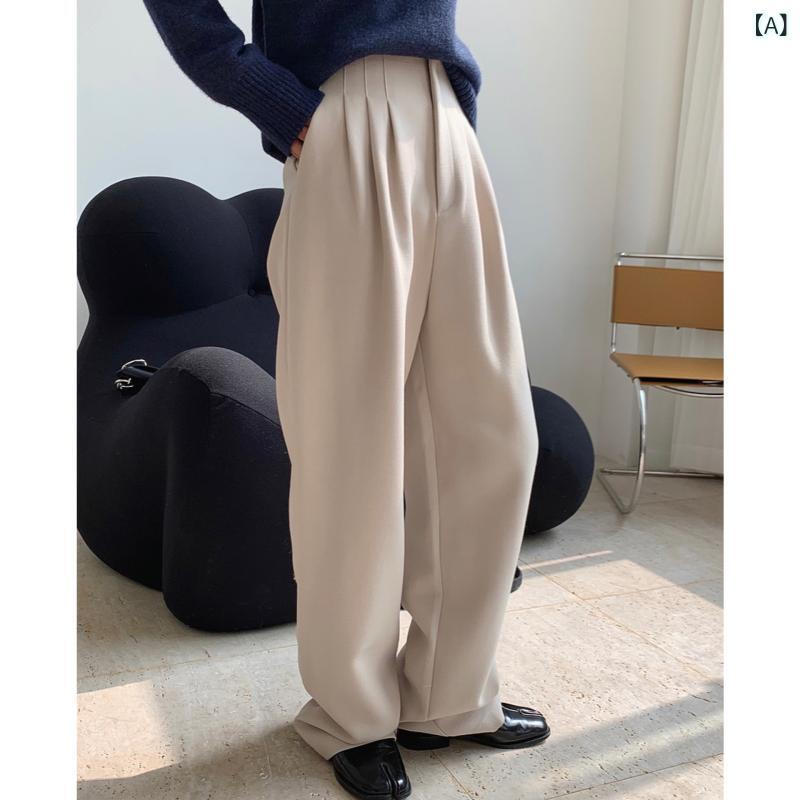 パンツ レディース 高腰 ワイドレッグパンツ ウール 混紡 ゆったり リラックス あったか 秋冬 白 ホワイト ベージュ ブラウン 韓国 ファッション スタイル