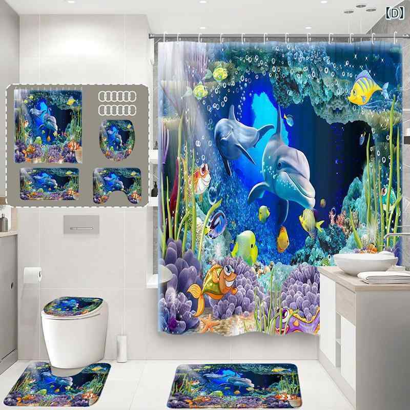 カーテン 深海 海柄 プリント ポリエステル 浴室 防滑 マット 3点セット 4点セット