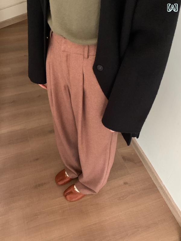 パンツ レディース ウール 高腰 ストレート あったか カジュアルパンツ 深緑色 イエロー系 秋冬