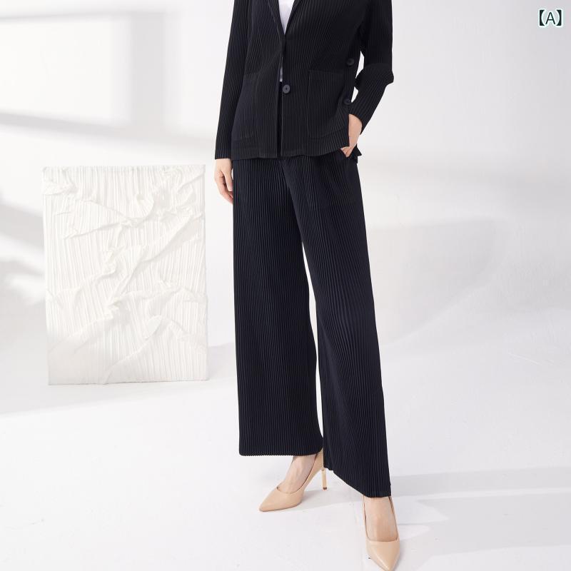 パンツ レディース 秋冬 厚手 プリーツ ワイドレッグパンツ ゆったり ストレートパンツ ゴムウエスト カジュアルパンツ 高見え ブラック