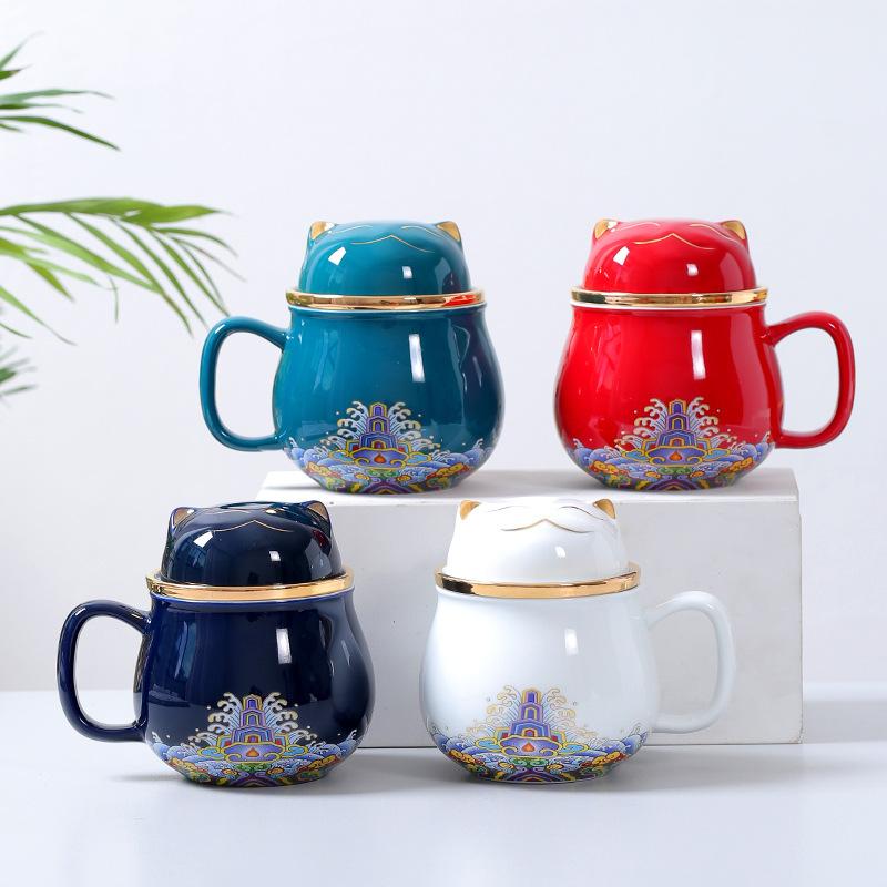 マグカップ レディース メンズ 陶器 蓋付き フィルター付き 茶こし付き 301-400ml 花柄 和風 軽量 オフィス 家庭用 ギフト プレゼント 赤 青 白 緑