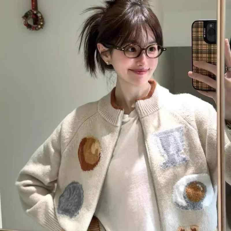 カーディガン レディース 春秋 ニット 韓国風 ジップアップ ジャカード ゆったり 学院風 トップス セーター 長袖 ミディアム丈 ベージュ