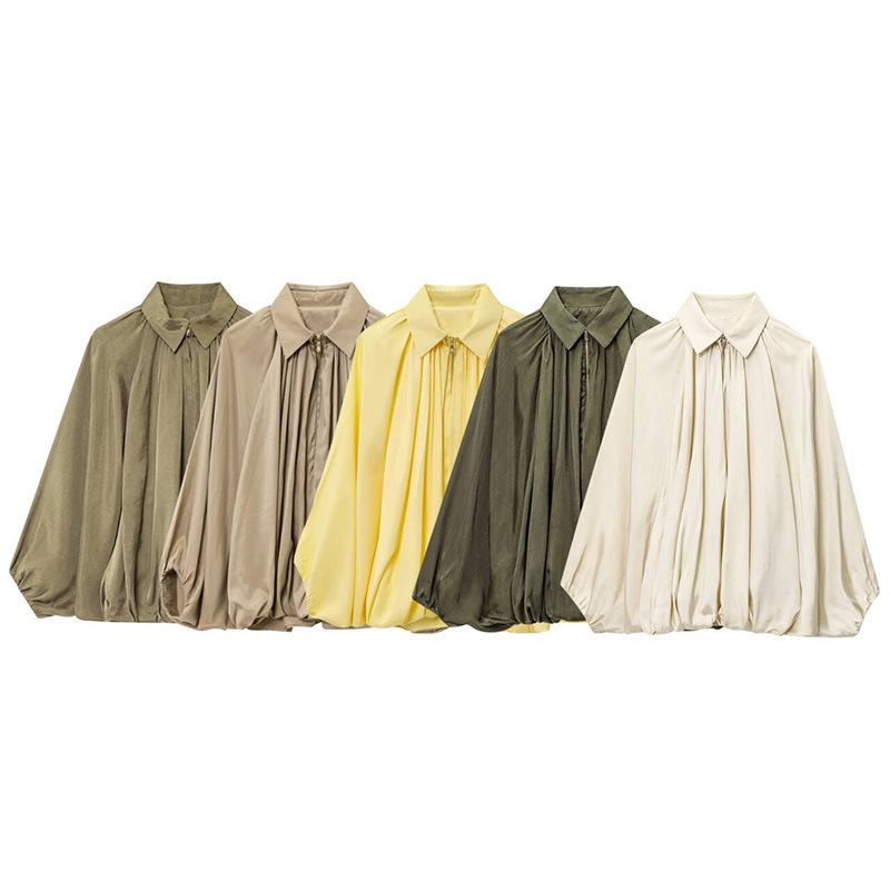 レディース ジャケット シャツ ジャケット 外套 トップス 春秋 春夏 秋冬 ミドル 厚み フラップカラー 長袖 ゆったり シルエット 切り替え プリーツ デザイン 無地 ストライプ ポリエステル 素材 ミリタリーグリーン イエロー ベージュ カーキ ジ