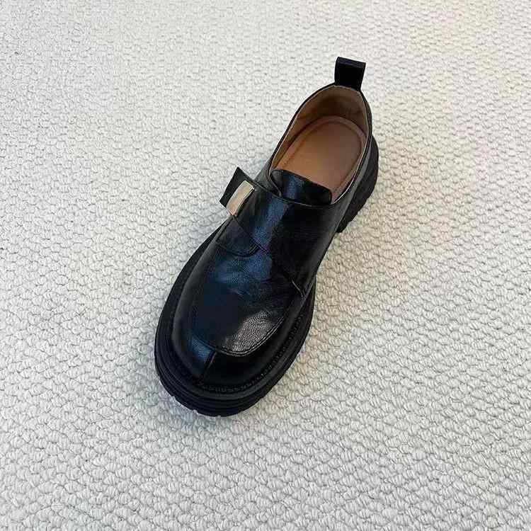 置き目毛皮 レディース JK 小皮鞋 厚底 ベルクロ うち切り 本革 羊革 イングランド表現スタイル 太踵 ラウンドトゥ 無地 黒いこと 赤銅色 春夏 秋冬 デイリー若い衆