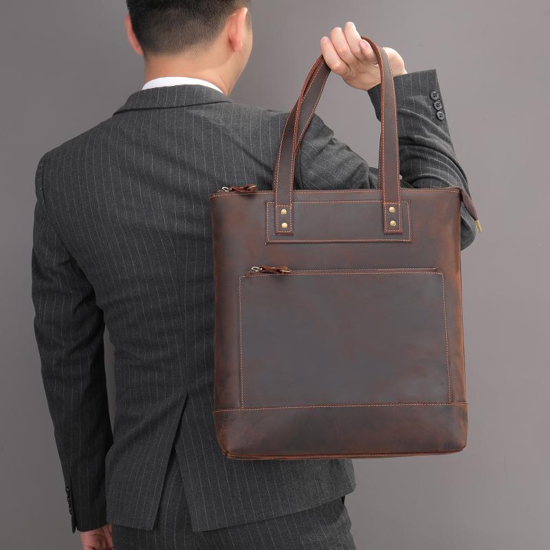 ビジネスバッグ 男性用 トートバッグ 本革 牛革 レザー 2way ショルダーバッグ ブリーフケース 14インチPC収納 大容量 耐摩耗性 通勤 普段使い コーヒー色