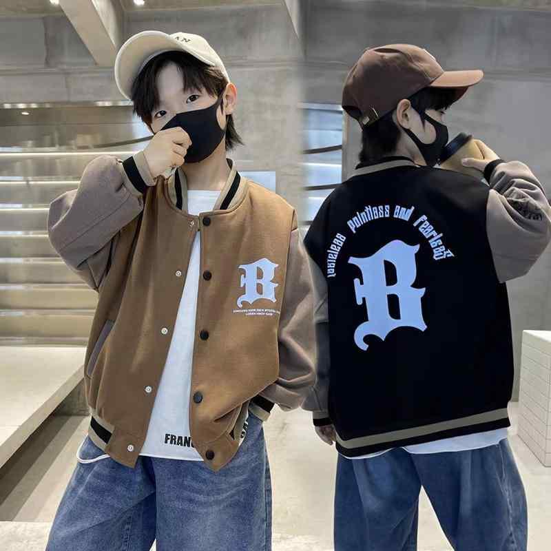 子供用ジャケット 秋冬 子供服 ストリート系 ロゴ 野球風 トップス 男の子 女の子 ゆったり カジュアル シングルブレスト スウェット アウター ブラック コーヒー 120 130 140 150 160 170