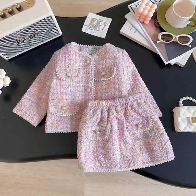 子供用セットアップ 女の子用 格子柄ジャケットとスカート 厚手 中綿入り 秋冬 ピンク系 5,077円