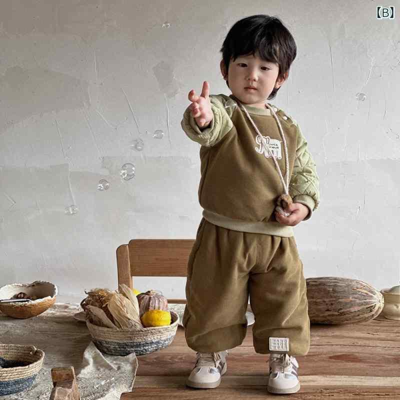 ベビー服 秋冬用 中綿入り 上下セット 2点セット 長袖 長ズボン 幼児 1歳 2歳 3歳 男の子 女の子 韓国風 かわいい アニマル柄 黄色 緑 コットン混紡 73cm 80cm 90cm 100cm