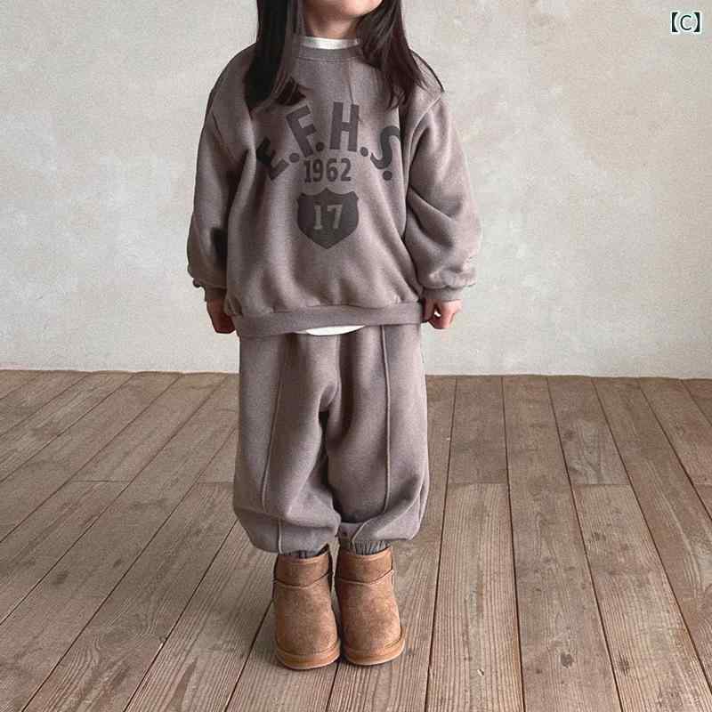 子供用スウェットセットアップ 長袖トップス パンツ 上下2点セット 無地 秋冬 80cm 90cm 100cm 110cm 120cm 130cm 杏色 グレー カーキ グリーン 綿混紡 普段着 部屋着 かわいい 韓国風