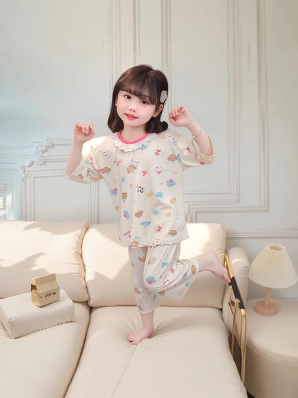 子供用パジャマ 上下セット 半袖 7分丈パンツ モダール 通気性 吸湿速乾 薄手 小犬柄 春夏 かわいい 韓国風 部屋着 ルームウェア