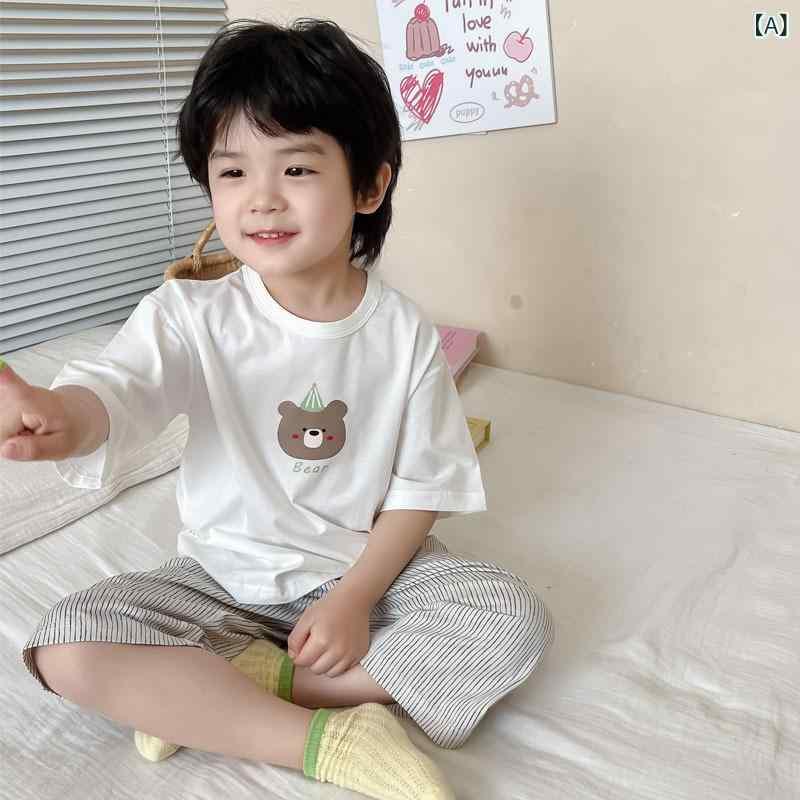 子供用 寝巻き ルームウェア 上下セット コットン混紡 ストライプ柄 小熊柄 薄手 半袖 春夏 パジャマ 女の子 部屋着 かわいい 110 120 130 140