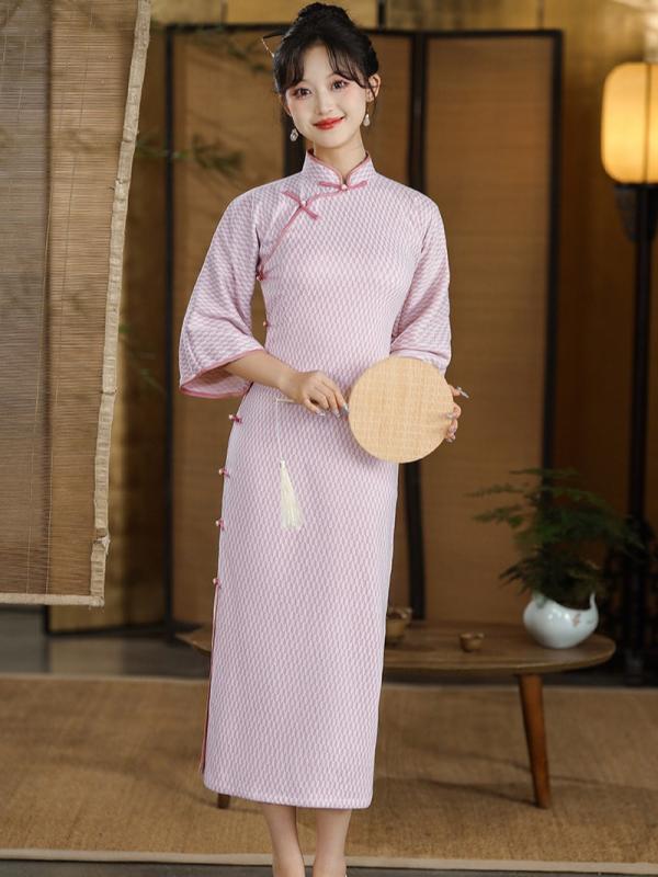 瀬戸もの御召しもの レディース 秋冬 名著柄 レトロ 衣装 7分袖 ポリエステル 窈窕たる 立襟 曲がった名取り草食い違い ロング丈 低細長い切口入り口・入口 好いたらしい 伸縮性