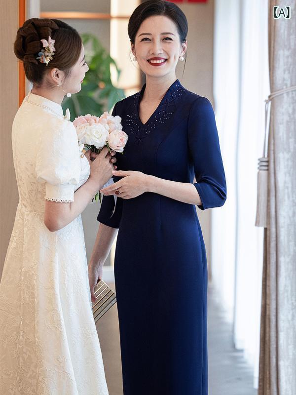 チャイナドレス レディース 結婚式 母親 フォーマルドレス 礼服 婚宴 深Vネック 七分袖 Aライン 刺・墸 醋酸繊維 ポリエステル ロングドレス パーティードレス