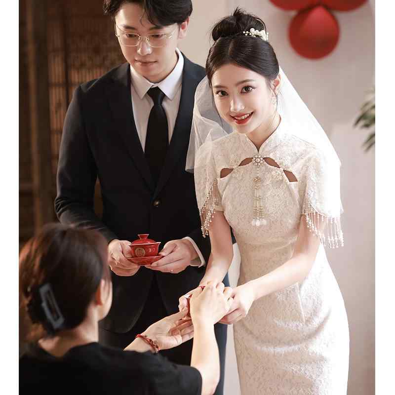 チャイナドレス レディース 白色 レース 結婚式 披露宴 パーティー 礼服 膝丈ワンピース Uネック 半袖 ポリエステル エレガント かわいい