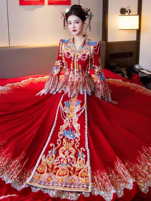 チャイナドレス レディース ベルベット 秀禾服 結婚式 婚礼用 衣装 敬酒ドレス ロング丈 Vネック レトロ 刺繍 7分袖 ポリエステル レッド XS S M L XL XXL XXXL
