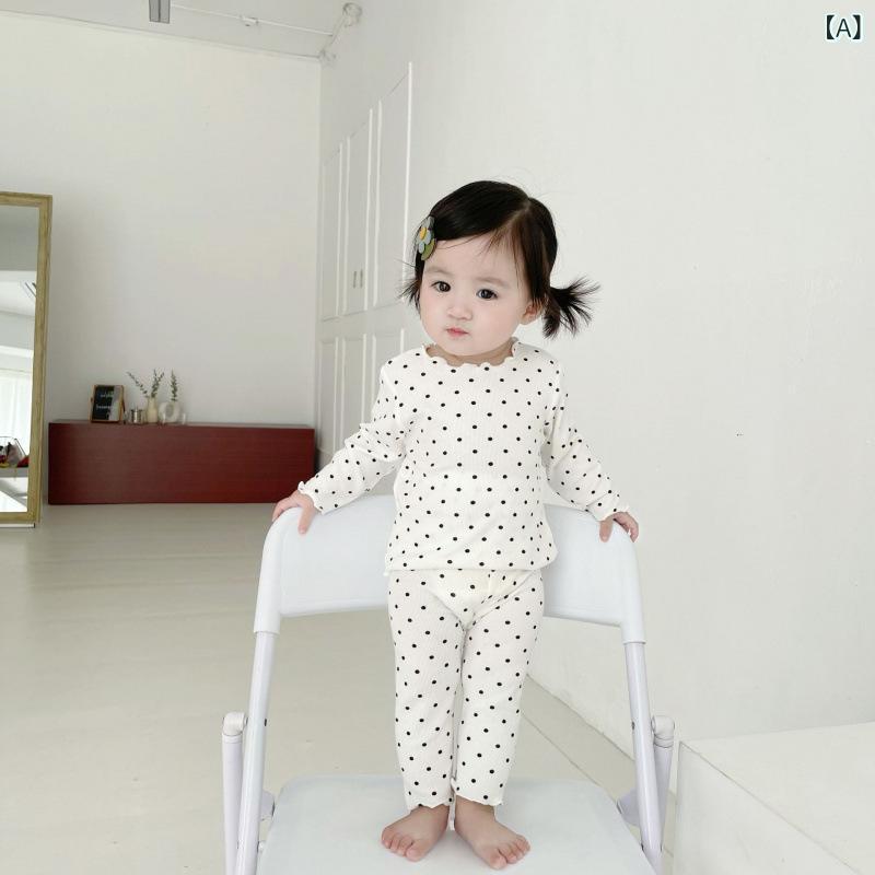 子供用パジャマ 春秋 上下セット 女の子 かわいい 水玉 ドット柄 ニット 綿 コットン 長袖 長ズボン 部屋着 ルームウェア 66cm 73cm 80cm 90cm 100cm