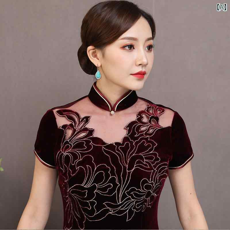 衣裳 レディース 絹地 天鵞絨 ロング 瀬戸ものお召しもの 赤いこと 天鵞絨 膝下 ミモレ丈 中国風 返り咲き レトロ 出来事 寄り合い 演芸 お召しもの 5分袖 立体かざり付ける ポリエステル 雅びやか M L XL 2XL 3XL 4XL レディースファッション-その他