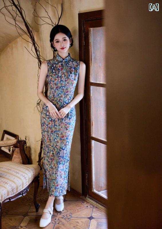 瀬戸もの御召しもの レディース 春夏 ノースリーブ 新中式 ロング丈 彩綿 リネン 立襟 曲がった名取り草 6192 レトロ 微伸ばすこと