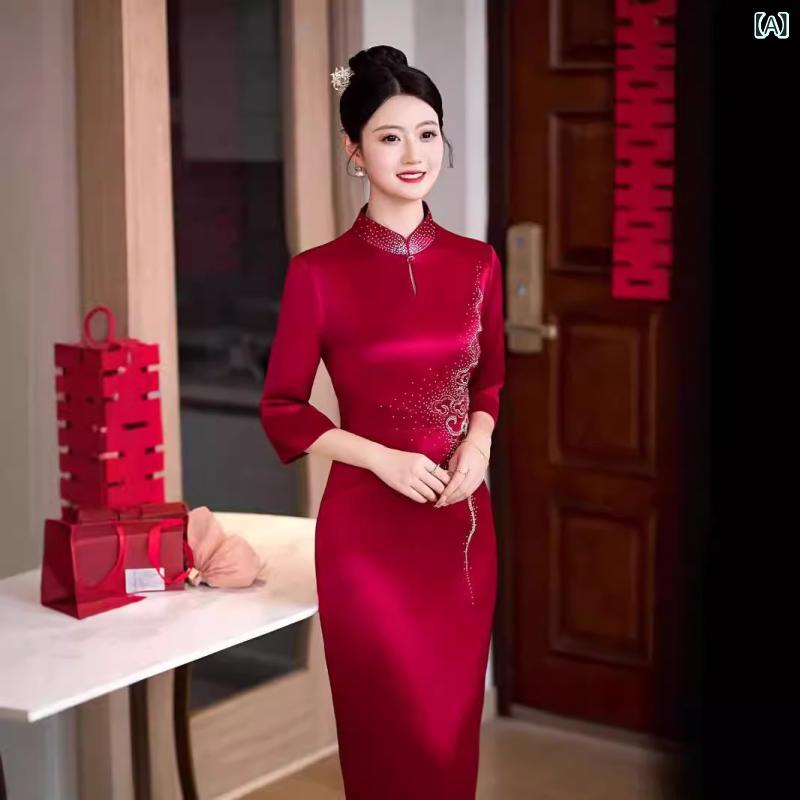 衣装 レディース 赤いこと 赤いこと 醋酸 繻子 ロングお召しもの フォーマルドレス 御芽出度 婚宴 立襟 瀬戸ものお召しもの テイ同盟罷工 か細い 御前上等感 着痩せ XL XXL XXXL XXXXL XXXXXL