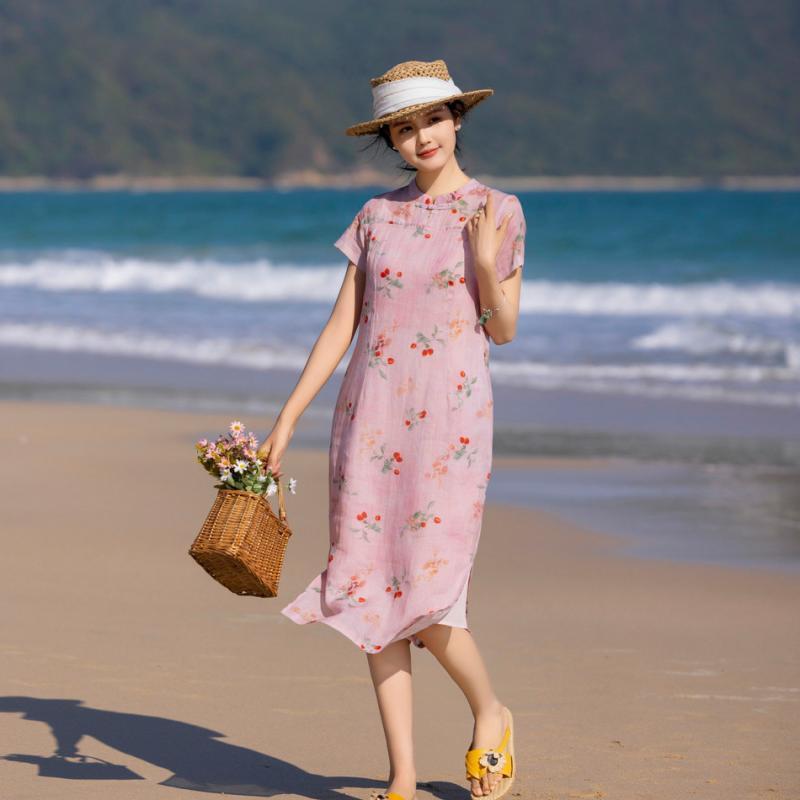 ワンピース レディース チャイナドレス風 亜麻 リネン 花柄 プリント ミドル丈 半袖 スタンドカラー ゆったり ピンク系 文芸風 レトロ ポケット