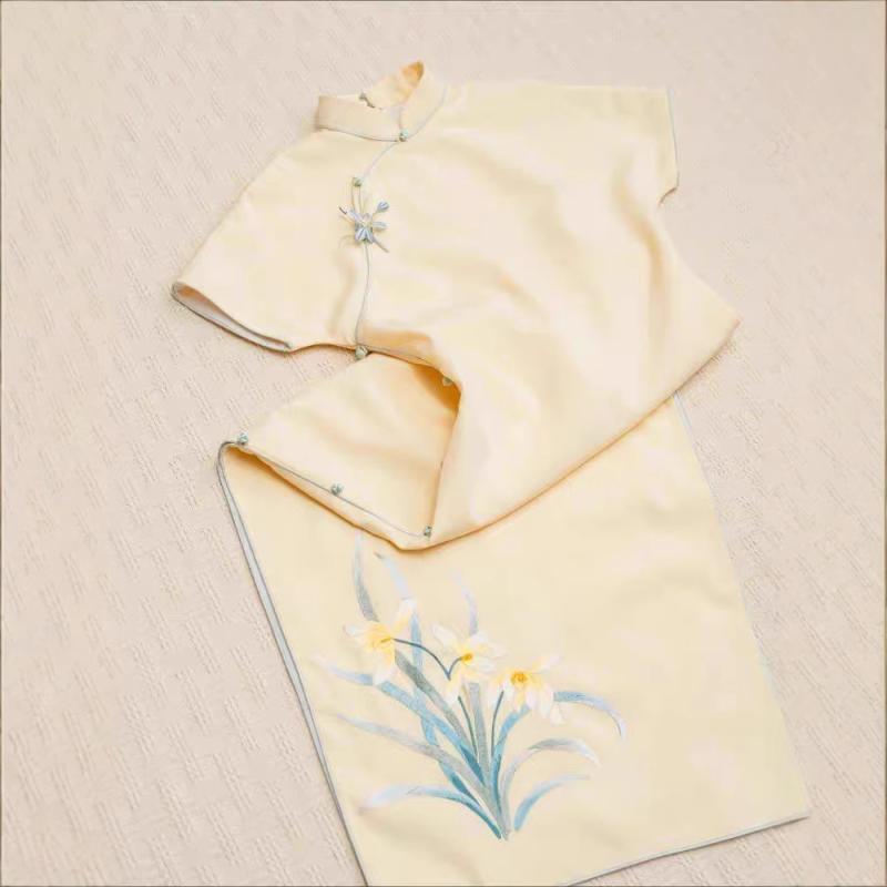 チャイナドレス レディース ?黄色 立襟 水仙 刺繍 Aラインワンピース ポリエステル 高腰 半袖 膝丈ワンピース 通勤 春夏