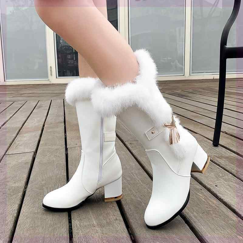 ブーツ レディース 秋冬 中筒丈 真っただ中ブーツ ラビットファー 毛革 スノーブーツ 太踵 チャンキーヒール 可愛らしい 愛くるしげ 金属元素一部分 胴締め飾りつけ サイドジップ 白 黒