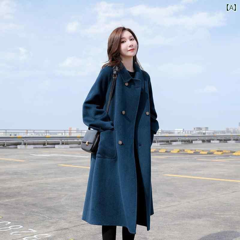 コート レディース 秋冬 ウール ロング丈 ダブルフェイス テーラード ゆったり 厚手 韓国風 通勤 無地 ブルー ブラック系