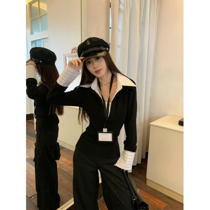 ニットセーター 女性用 長袖 切り替え デザイン ブラック 修身 腰回し ポロカラー ボタン ピッチ スレンダー フィット 私服 春 ポリエステル アニメ ストレッチ コットン混 軽量 伸縮性 通勤 普段使い トップス シャツ