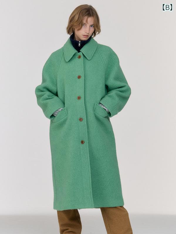 コート レディース 羊毛 ウール混紡 アウター ロング丈 翻 Collar ゆったり 厚手 無地 小麦色 グリーン系 秋冬|トミーショップ 店