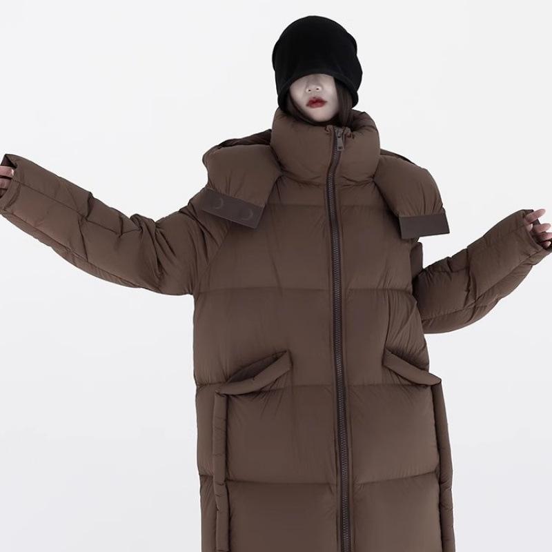 綿毛布団 レディース 韓国風 90%ホワイトグースダウン ひし形 キルティング コクーンシルエット ロング丈 朦々たる ボンネット付き添い人 アクリル繊維 無地 黒 黒いこと 珈琲 赤銅色 秋冬 あったか