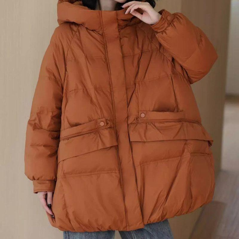 落ち込む上衣 レディース 白ダックダウン ゆったり ボンネット付き添い人 真っただ中丈 ポリエステル 衣料繊維 朦朦たる アウター お召しもの 秋冬 赤銅色 黒いこと オレンジ色 ベージュ 赤いこと レディースファッション-コート・ジャケット