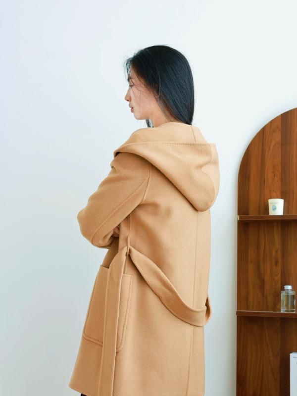 コート レディース フード付き ウール カシミヤ ダブルフェイス ミドル丈 アウター 秋冬 無地 キャメル ベージュ ブラック パープル